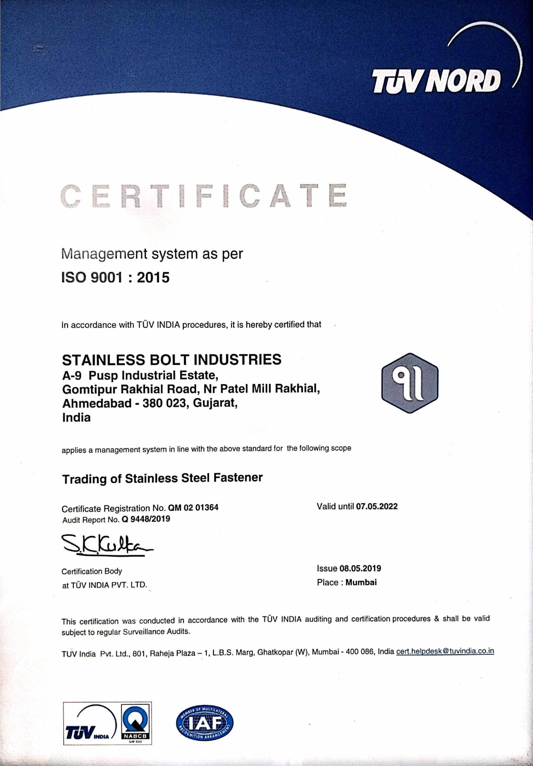 tuv nord certificate - Stainless Bolt Industries Pvt Ltd TUV NORD certificate